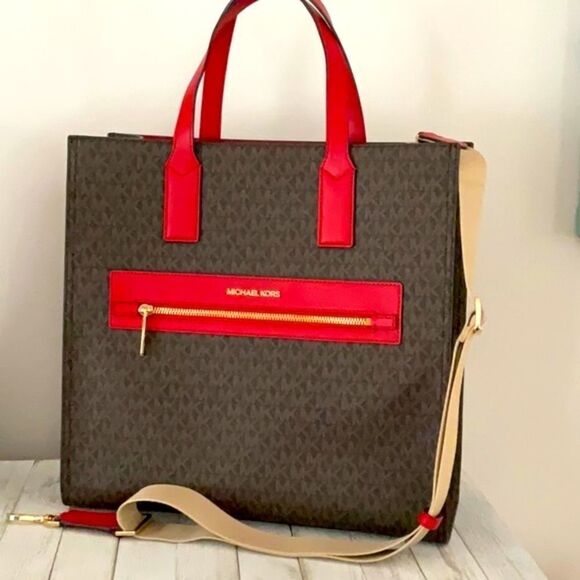 MICHAEL KORS NWT KENLY FLAME RED BROWN SIGNATURE LARGE TOTE CROSSBODY BAG - Picture 3 of 12